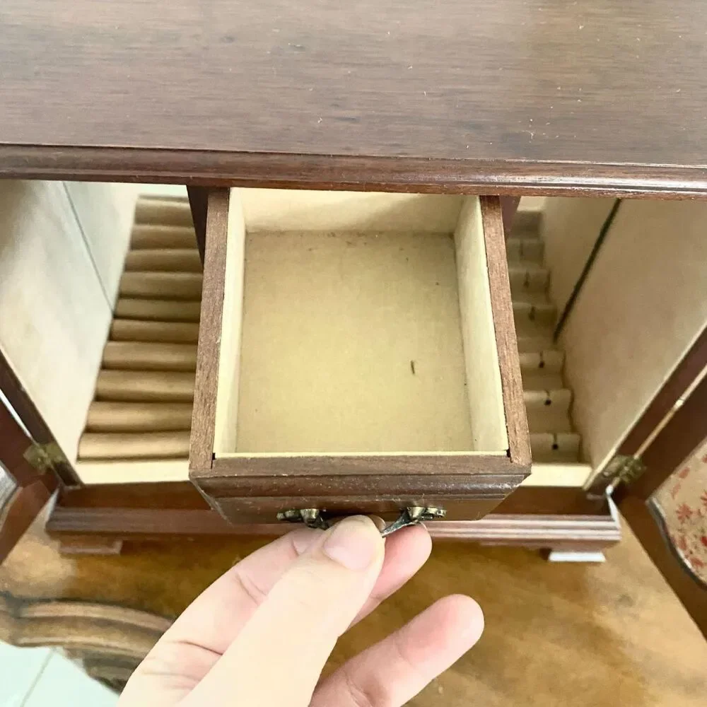 Vintage Taiwanese Wooden Jewelry Armoire Box Mirrored Doors 5 Drawer Jewelry Box